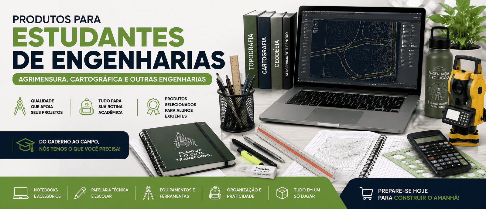 Materiais indispensáveis para estudantes de engenharia como notebook, calculadora científica, escalímetro, cadernos, lapiseiras e instrumentos técnicos