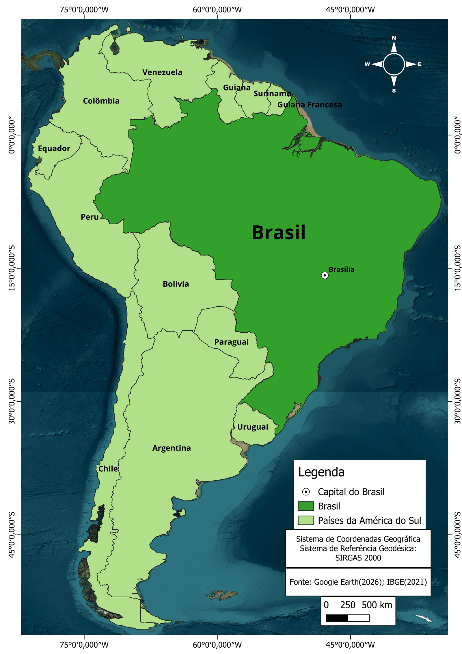 Mapa de Localização do Brasil na América do Sul