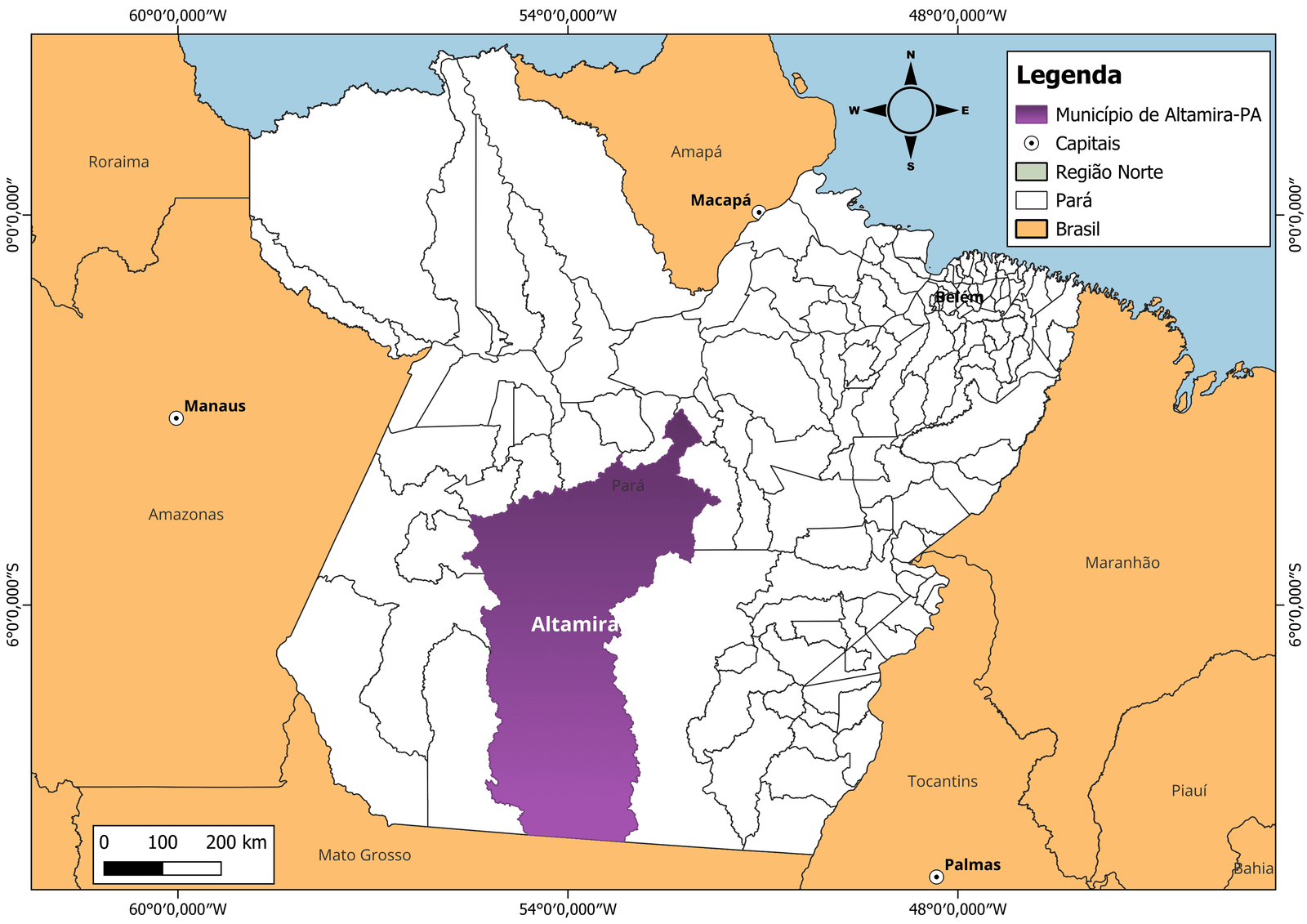 Mapa geográfico destacando o município de Altamira no estado do Pará e sua grande extensão territorial