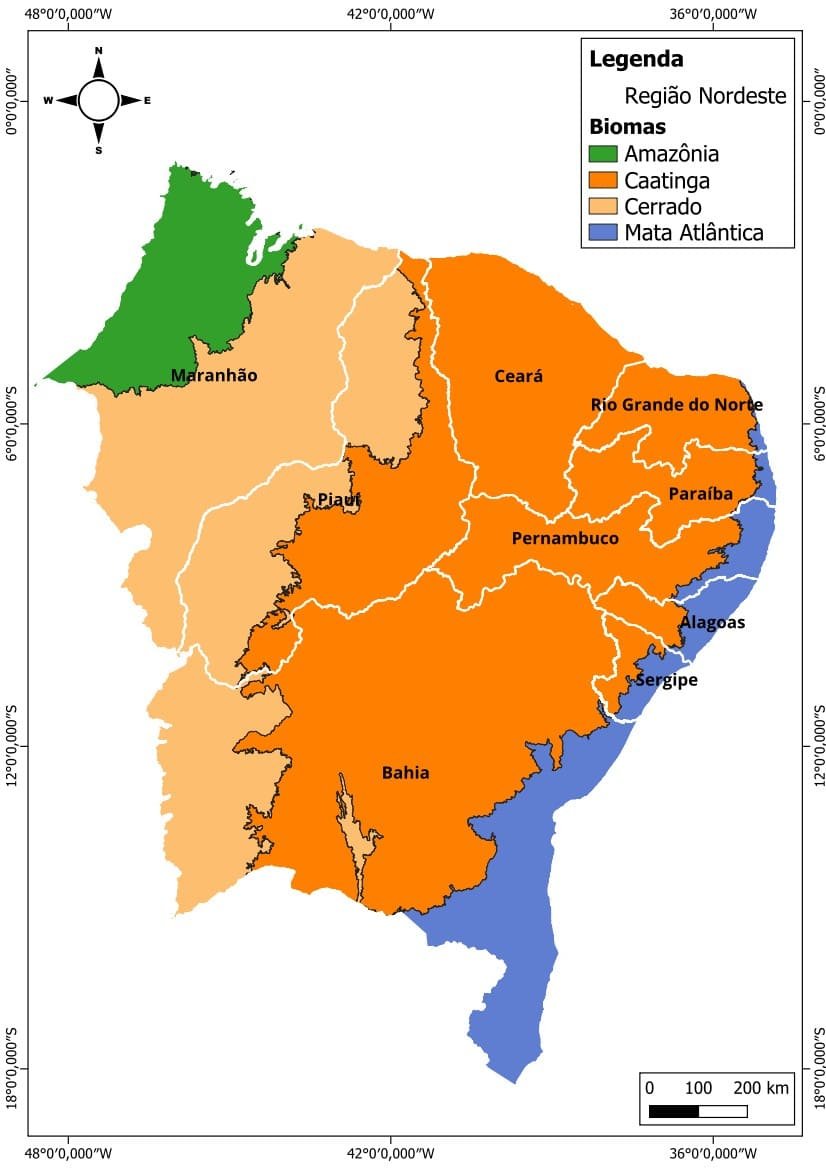 Mapa de distribuição dos biomas da Região Nordeste destacando a Caatinga, Cerrado, Mata Atlântica e Amazônia