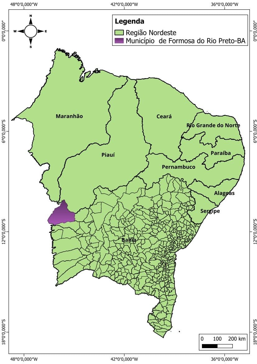 Mapa geográfico destacando o município de Formosa do Rio Preto no estado da Bahia e sua grande extensão territorial
