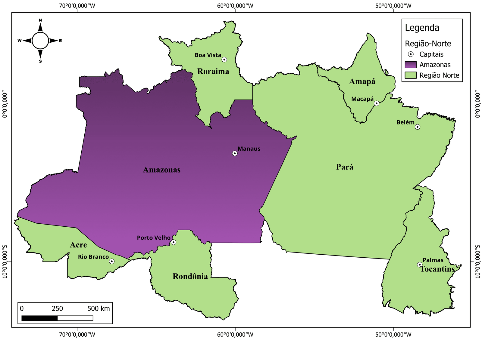 Mapa em destaque do estado do Amazonas mostrando sua extensão territorial frente à Região Norte e ao Brasil