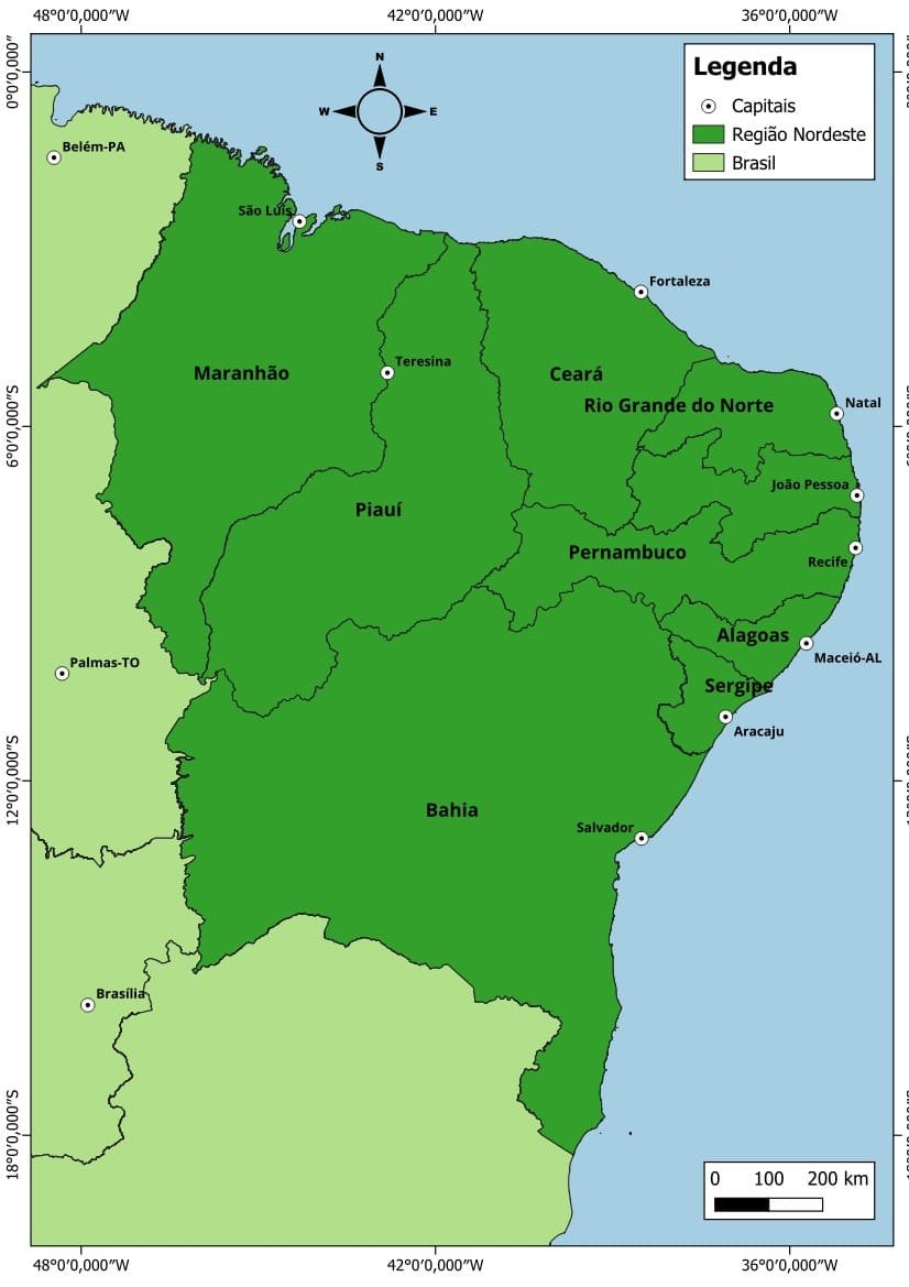 Mapa oficial da Região Nordeste com todas as unidades da federação integradas