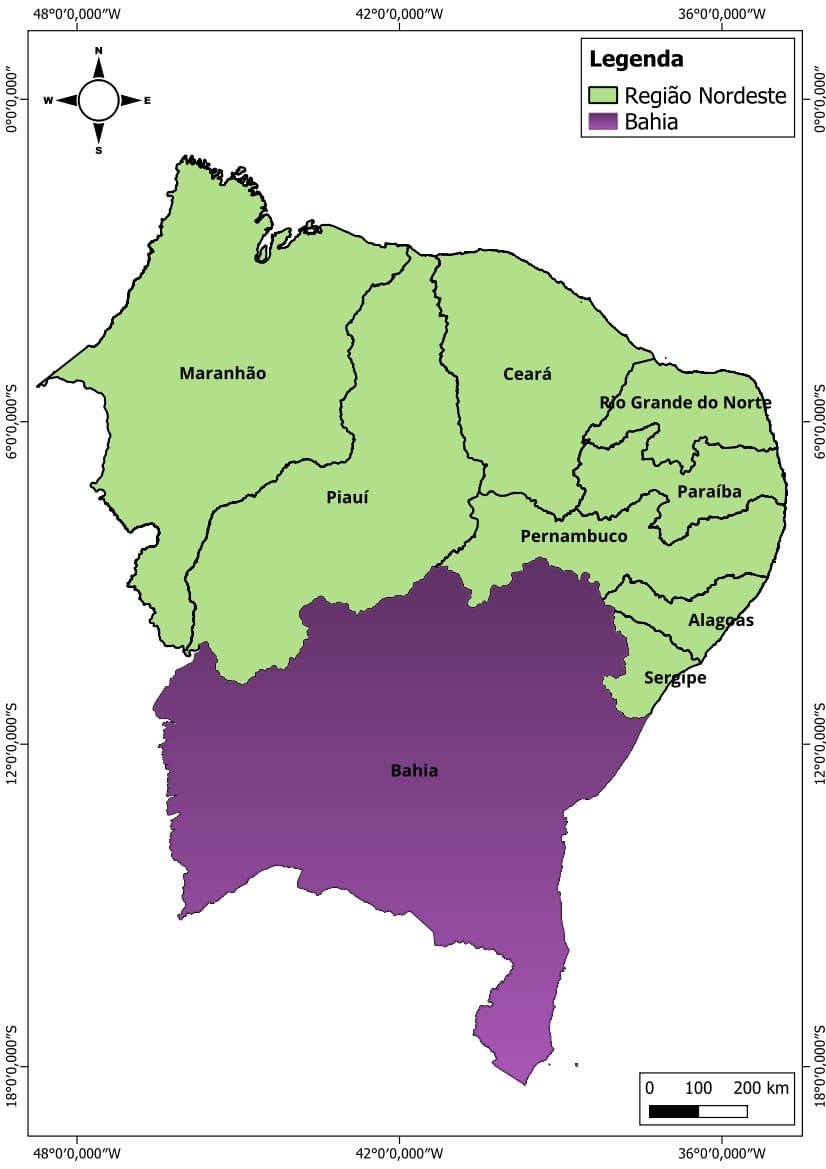 Mapa em destaque do estado da Bahia mostrando sua extensão territorial frente à Região Nordeste e ao Brasil