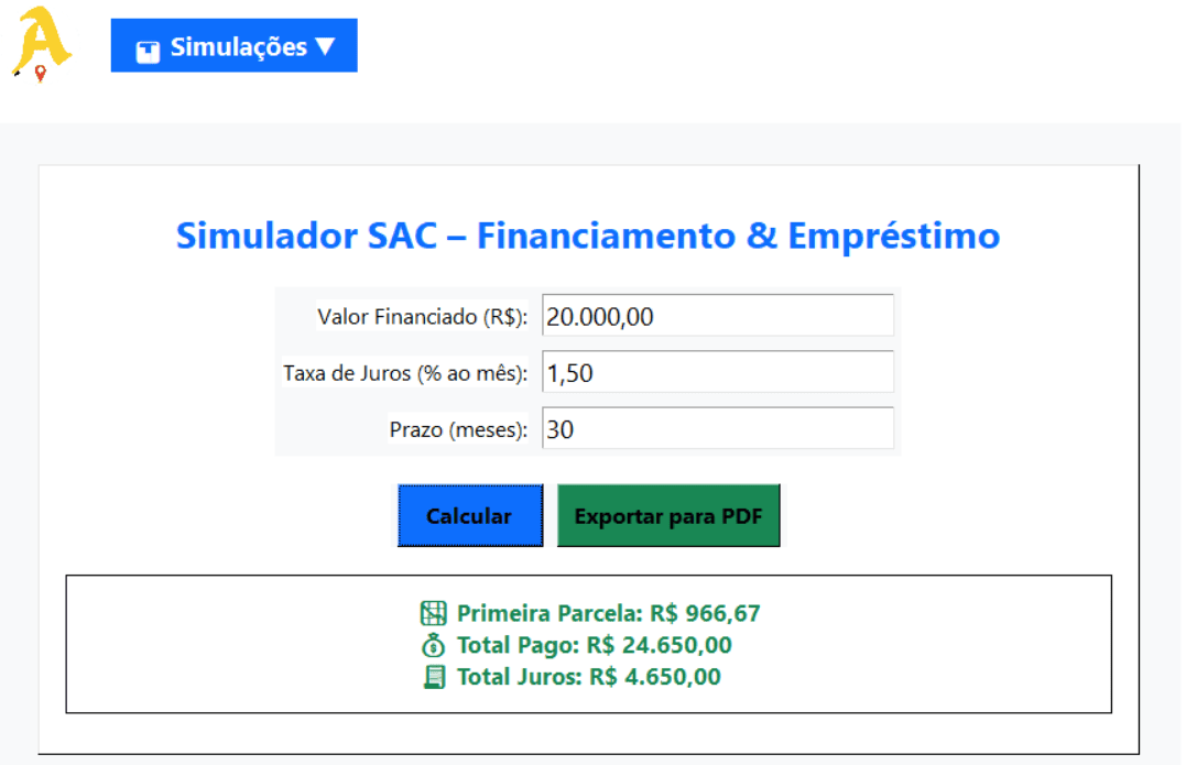 Interface do software financeiro profissional exibindo módulo de Simulador SAC (Amortização Constante)