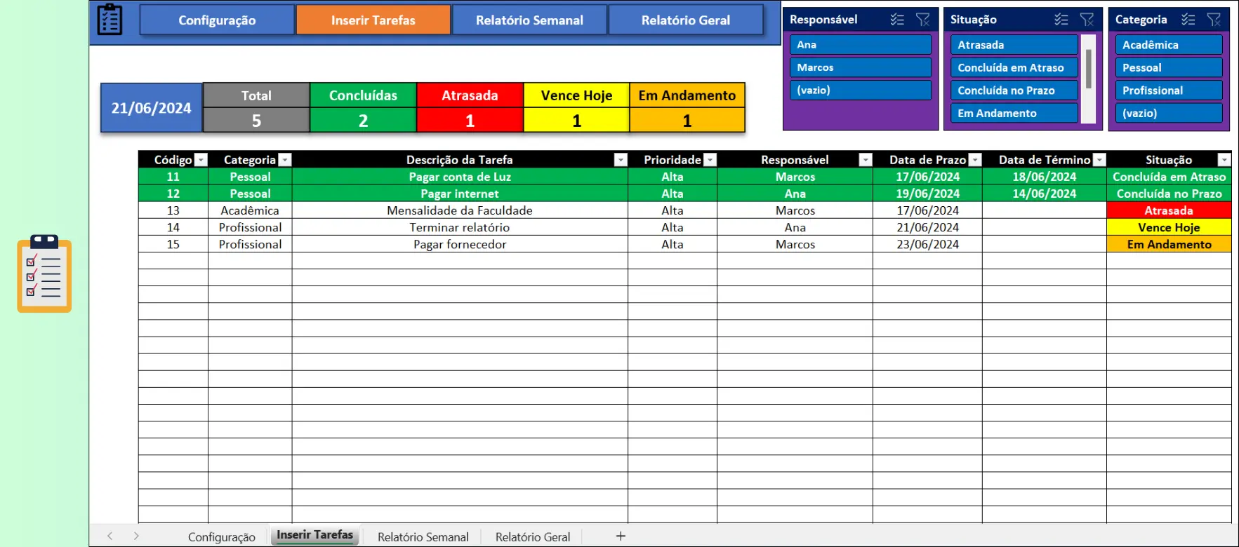 Inserção de tarefas com prazos na planilha Excel
