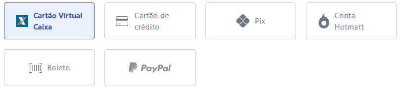 Formas de pagamento: Pix, cartão de crédito, boleto via Hotmart
