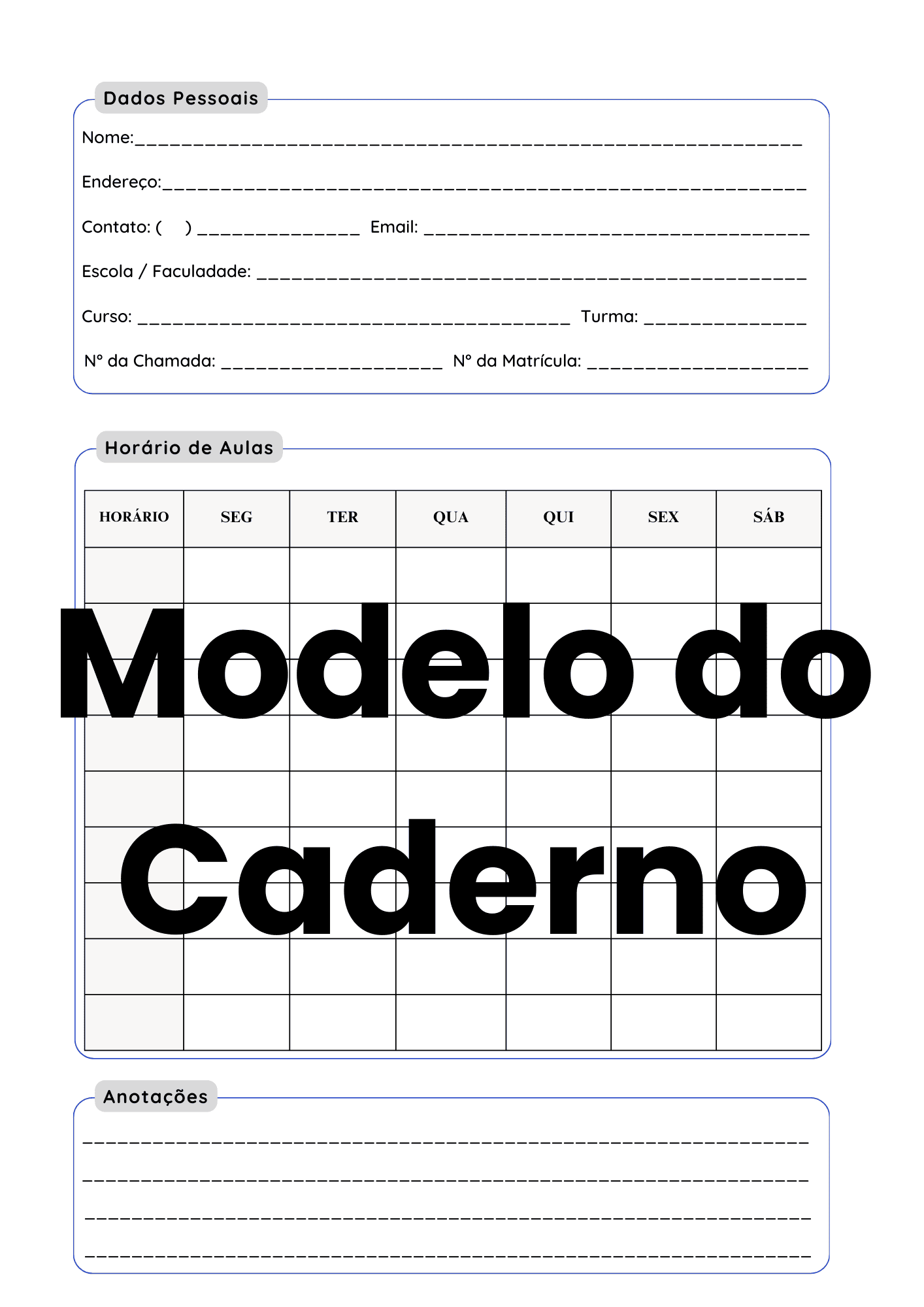 Página de organização pessoal do caderno digital PDF